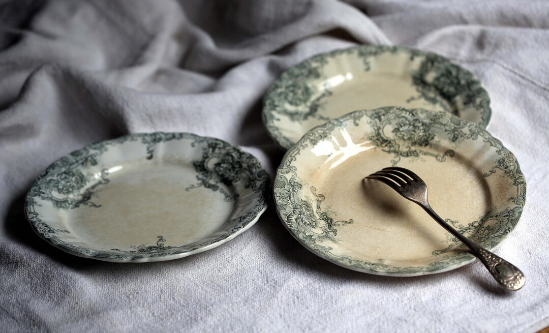 Set of 3 French Antique Plates Green Rococo Transferware Dessert Plates Lebacqz Bouchart Dauphin ... | Etsy (US)