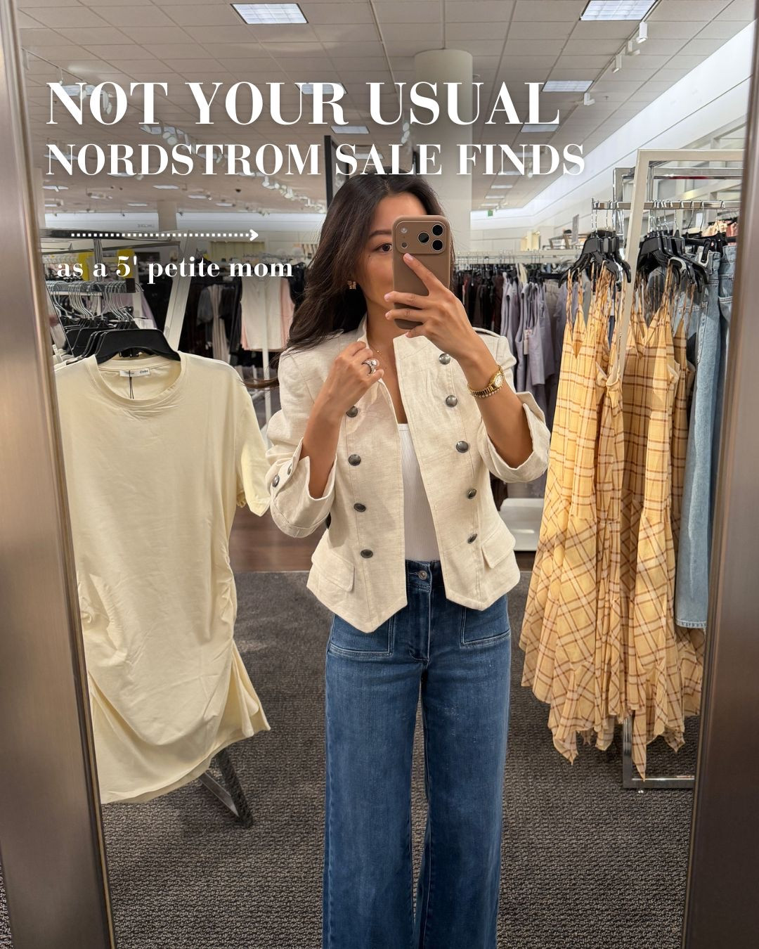 • Paige jeans I’m a size 24 in all of Anessa style TTS 
• Mango linen jacket trying small, need XS, full price at Nordstorm but on sale at mango so you can a price match
• Sam Edelman Loafers TTS I’m 5.5
• lauren Ralph lauren coat trying size 0 from last hear, followed by a size 4 in brown houndstooth photo

Nordstrom anniversary sale, petite finds