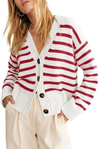 Saodimallsu Womens Striped Cardigan Sweaters V Neck Button Down Long Sleeve Open Front Ribbed Kni... | Amazon (US)