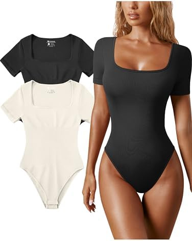 OQQ Women's 2 Piece Bodysuits Sexy Ribbed One Piece Square Neck Short Sleeve Bodysuits | Amazon (US)