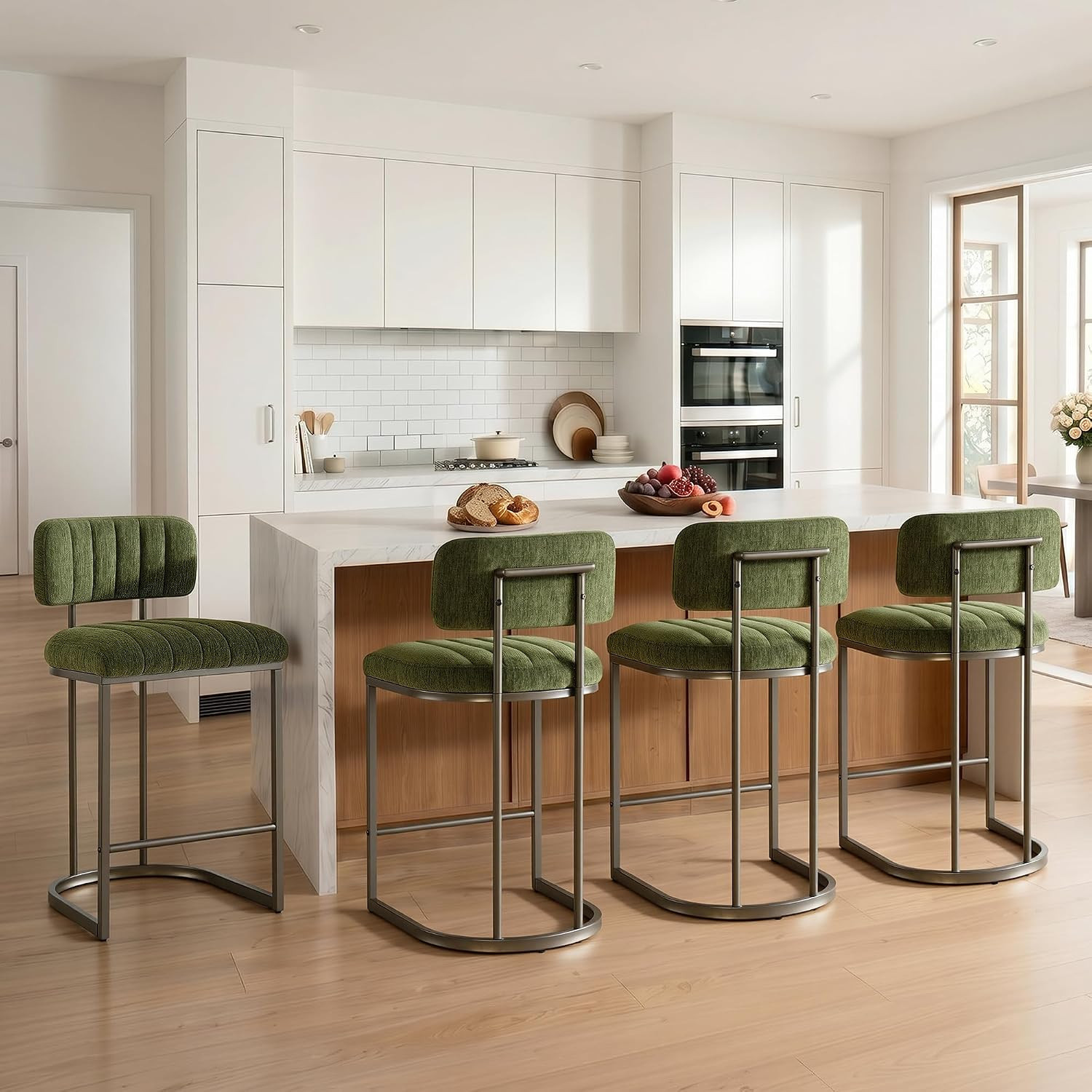 KISLOT 26" Counter Height Bar Stools Set of 4, Modern Linen Fabric Upholstered Kitchen Island Chairs with Back, Antique Bronze Metal Legs, Green | Amazon (US)