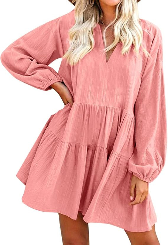 FANCYINN Cute Shift Tunic Dress Ruffle Swing Babydoll Juniors Mini Ruffle Dress with Pockets | Amazon (US)