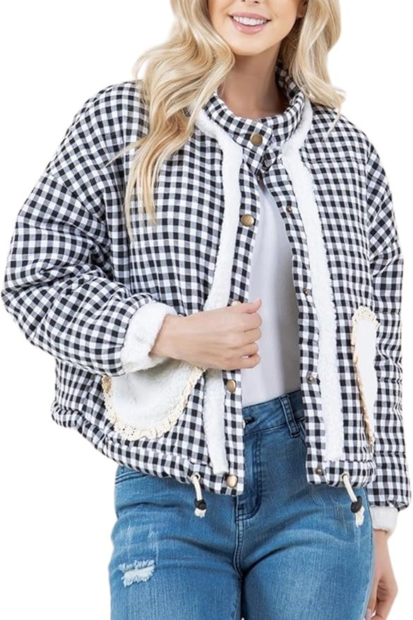 Womens Plaid Heart Pocket Jacket Snap Button Cropped Puffer Jacket Winter Gingham Heart Jacket Co... | Amazon (US)