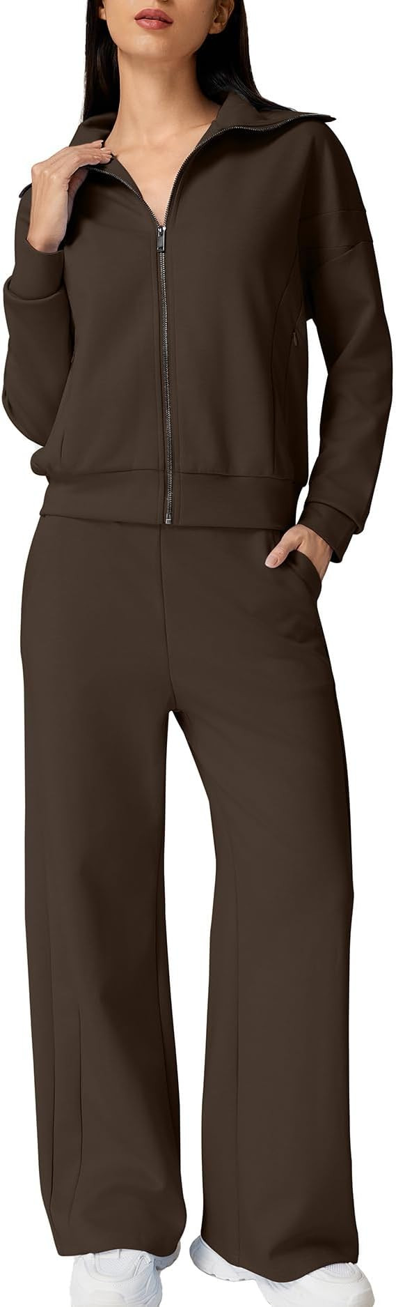 QINSEN Women's Cotton 2 Piece Outfits Lapel Long Sleeve Zip Up Sweatshirt Wide Leg Pants Matching... | Amazon (US)