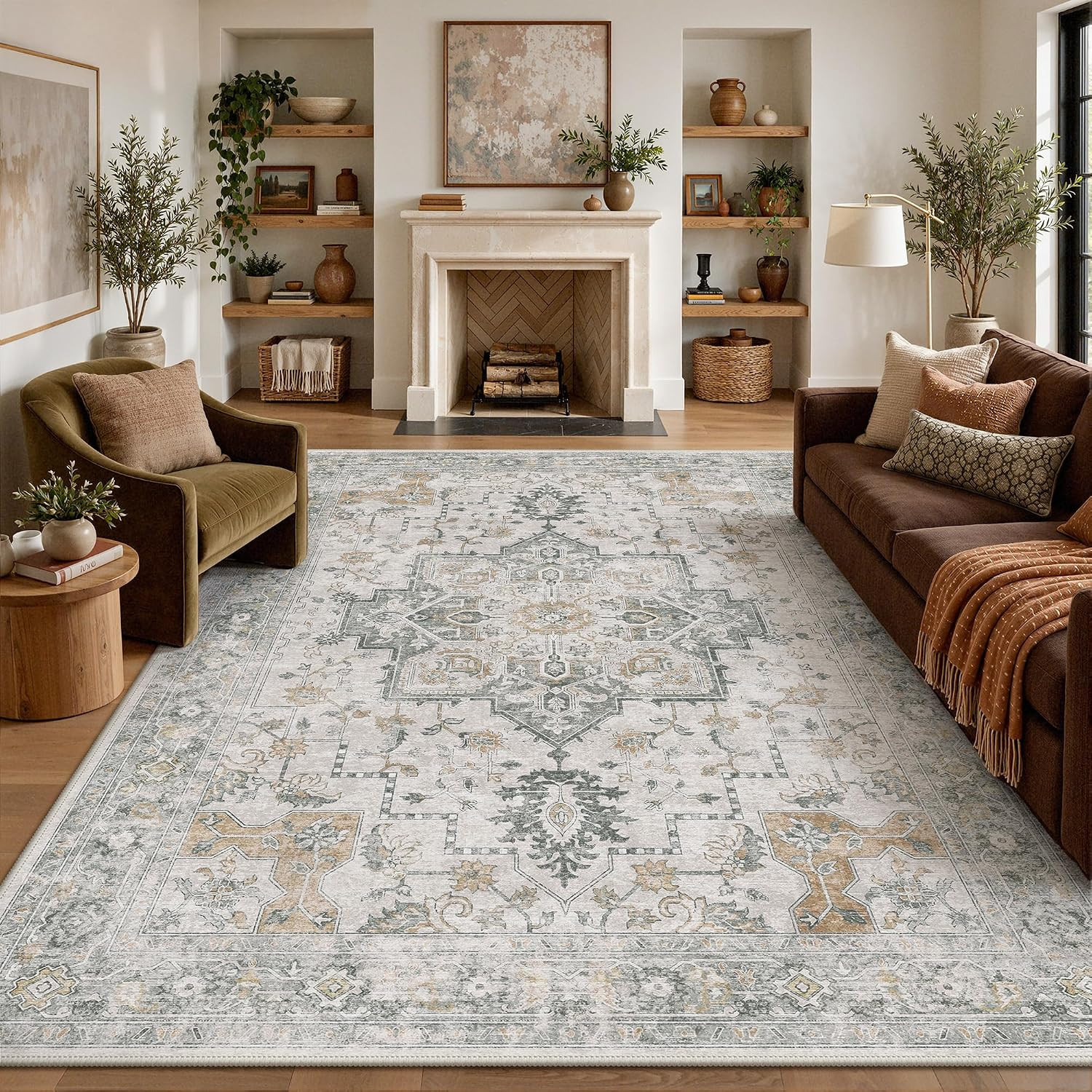 GENIMO 5x7 Area Rugs for Living Room, Machine Washable Rug, Non Slip Low Pile Rugs, Lightweight Thin Chenille Print Rugs for Bedroom, Dining Room, Home Office, Light Taupe Brown | Amazon (US)