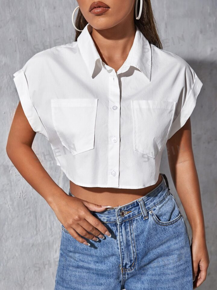 SHEIN EZwear Patched Pocket Roll Up Sleeve Crop Shirt | SHEIN