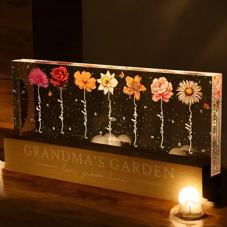 Grandma‘s Garden Birth Month Flowers Personalized Acrylic LED Night Light, Mothers Day Gift for... | Etsy (US)