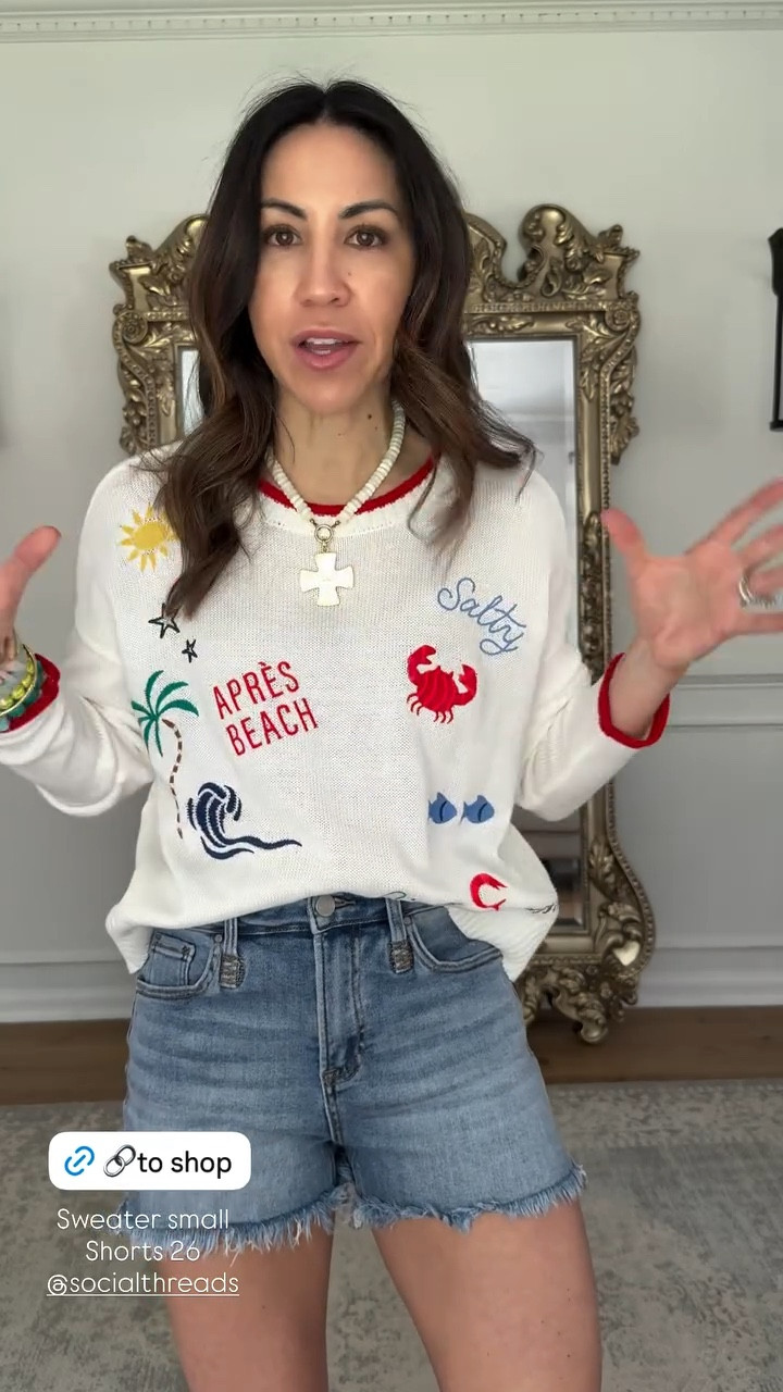 Small summer sweater. Denim shorts 26.

#LTKOver40 #LTKPetite