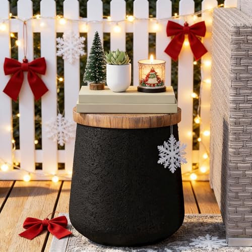 COSIEST Drum End Table Cylinder Shaped Concrete Side Table Faux-Wood Top, Black Outdoor Accent Table with Tree Trunk Slice Hand Painted, Accent Stool | Amazon (US)