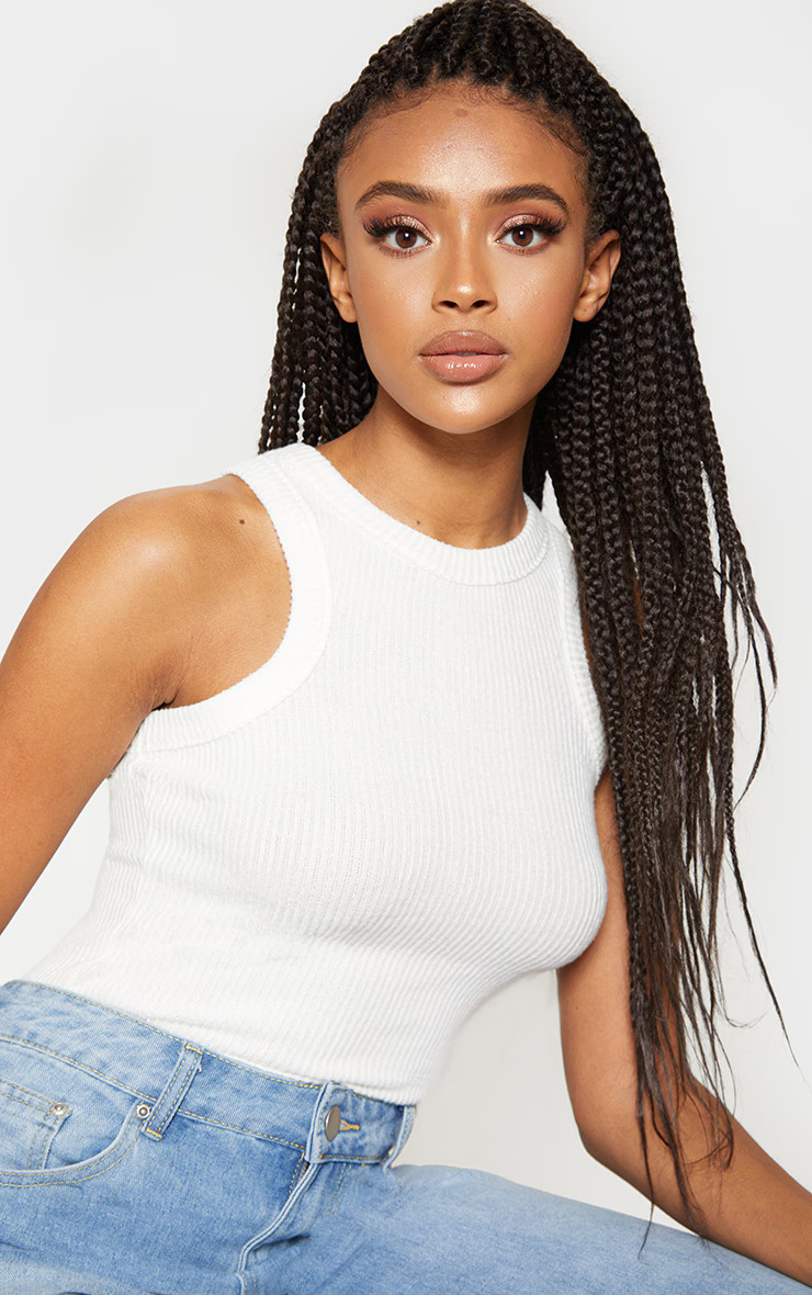 White Brushed Rib Racer Neck Sleeveless Vest | PrettyLittleThing UK