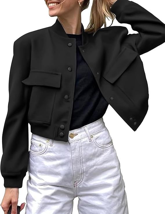 Zeagoo Women Bomber Jacket Casual Button Down Varsity Jackets Shackets With Pockets Outwear | Amazon (US)