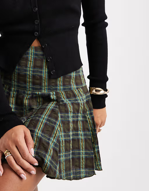 ASOS DESIGN dropped waist volume mini skirt in olive plaid | ASOS | ASOS (Global)