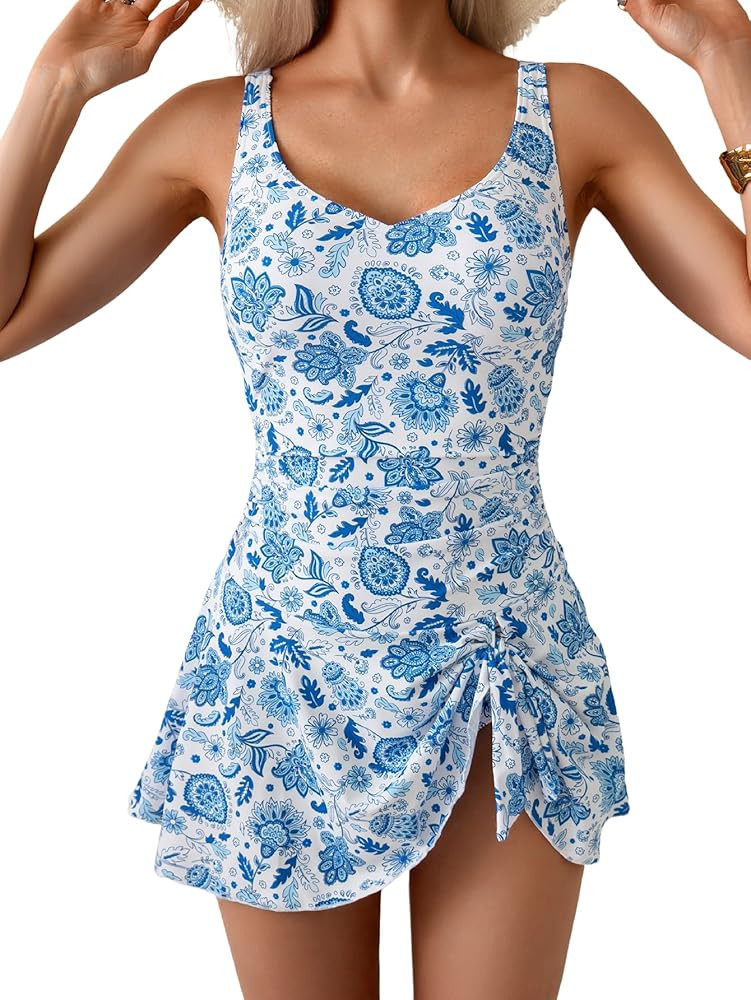 One Piece Swim Dress Swimsuits for Women Tummy Control Swimdress Skirt V Neck Bathing Suit | Amazon (US)