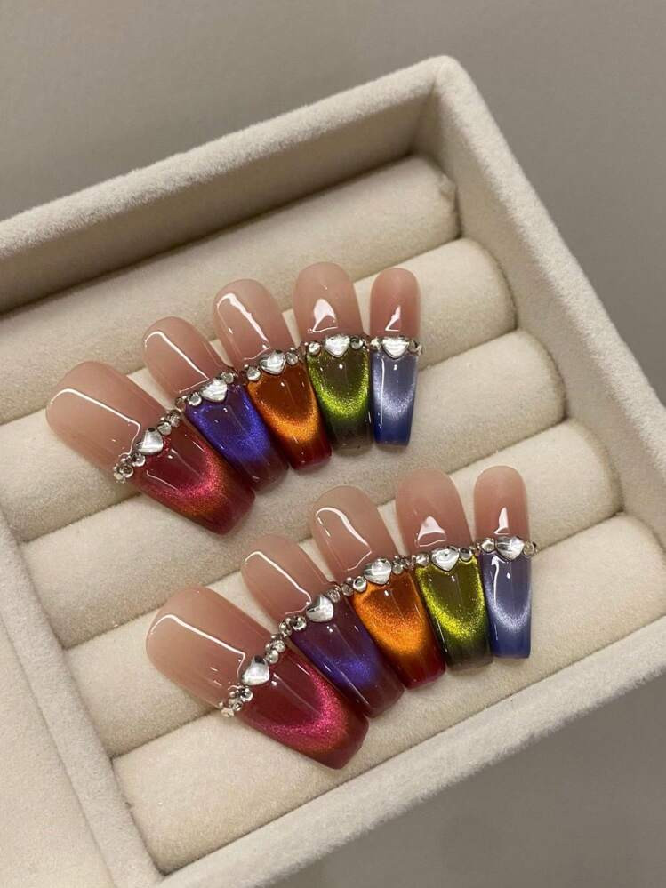 10Pcs Pure Handmade Gorgeous Color Dopamine Gradient Bright Bead Cat Eye Flash Rhinestone French ... | SHEIN