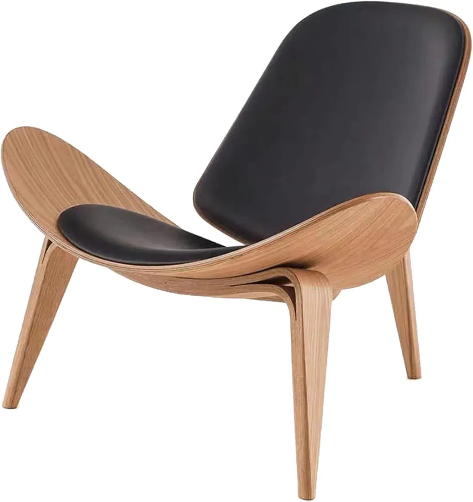 Hans Wegner Style Three- Legged Shell Chair Ash Plywood White Faux Leather Accent Chair Living Ro... | Amazon (US)
