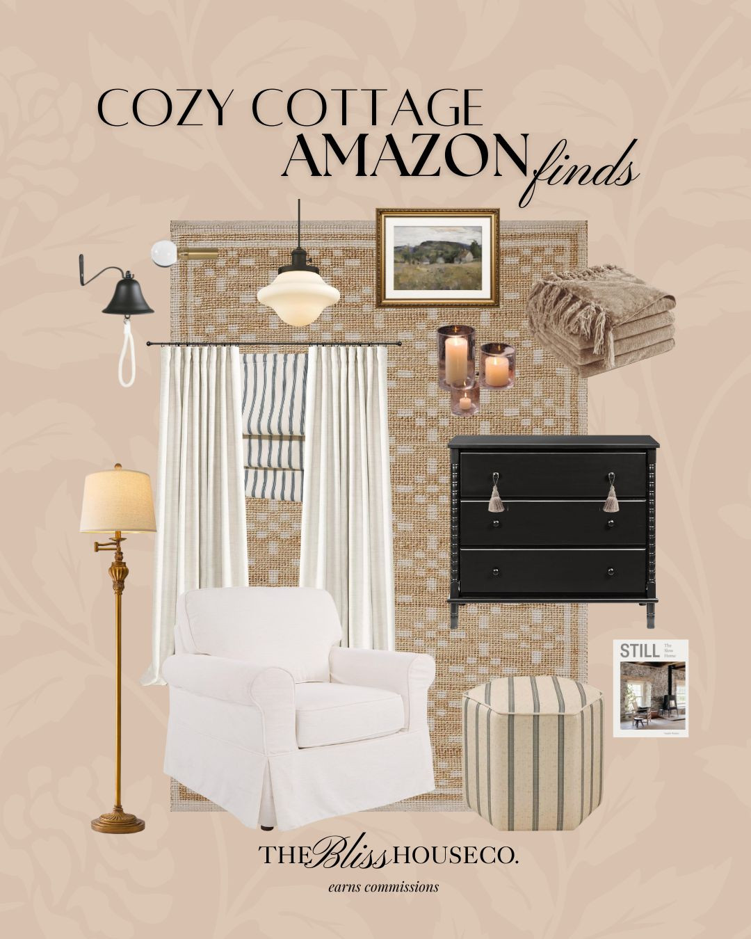 Create your own cozy cottage style with these top Amazon finds! Check out this chic setup featuring a classic dresser, stylish ottoman and elegant lamps. 

Cottage style, cottage core, classic home decor, Loloi rug, curtains, striped roman shades, floor lamp, modern-vintage, vintage inspired home, affordable decor, lighting, black cabinet, striped ottoman, tassel, wall art, candle, cozy home, styled space, Amazon home.
 

 #LTKHome