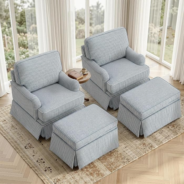 Swivel Accent Chairs with Ottoman, Set of 2, Pinstripe Blue | Amazon (US)