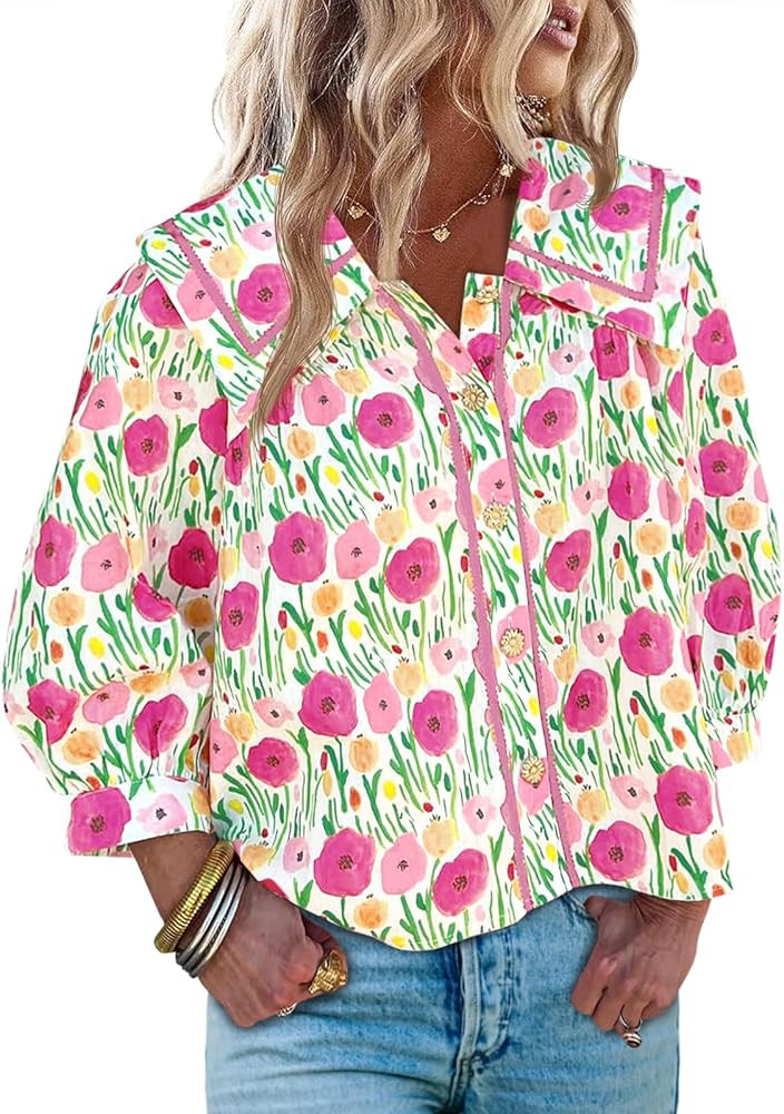 Cicy Bell Womens Floral Button Down Shirts Trendy Casual 3/4 Lantern Sleeve Blouse Square Neck Co... | Amazon (US)