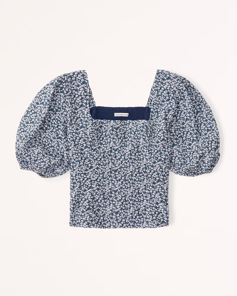 Abercrombie & Fitch Women's Puff Sleeve Shine Cotton Squareneck Top in Navy Floral - Size S | Abercrombie & Fitch (US)