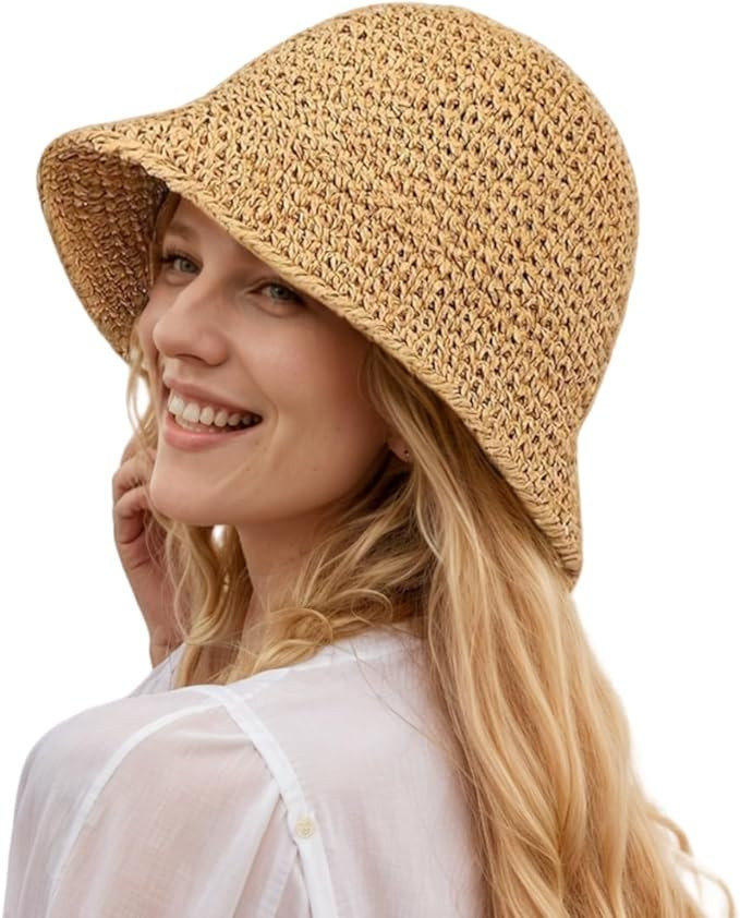 Womens Floppy Straw Sun Hat Packable Wide Brim Summer Beach Hat Foldable Crochet Bucket Hats | Amazon (US)