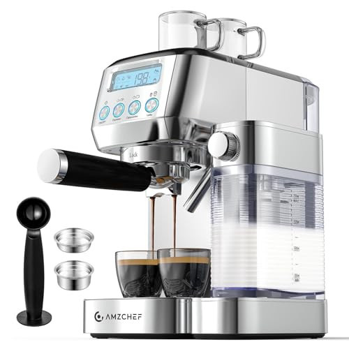 AMZCHEF Espresso Machine with LCD Display, 20 Bar Cappuccino Machines with Automatic Milk Frother for Home Gifts, Latte Coffee Maker with Dual Wall & Filters, Stainless Steel Style sliver | Amazon (US)