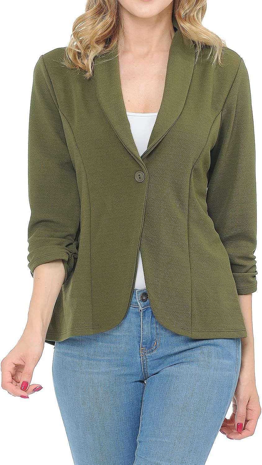 MINEFREE Women's 3/4 Ruched Sleeve Lightweight Work Office Blazer Jacket (S-3XL) | Amazon (US)