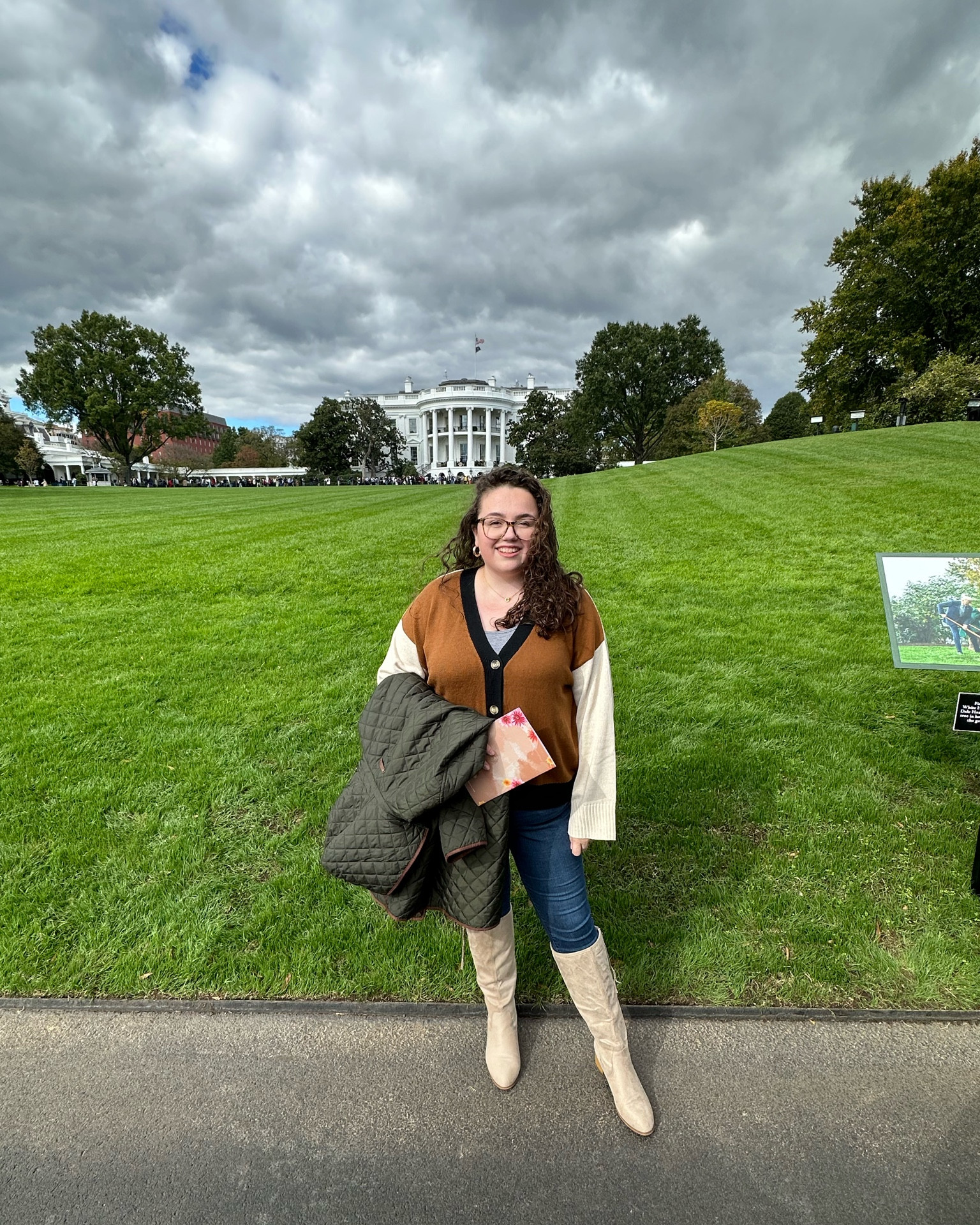 Fall fashion at the White House! These boots go up to size 12 and come in wide calf (I’m wearing regular width calf) and this color block sweater is so comfy! Wearing it in the 18/20  

#LTKSeasonal #LTKshoecrush #LTKplussize