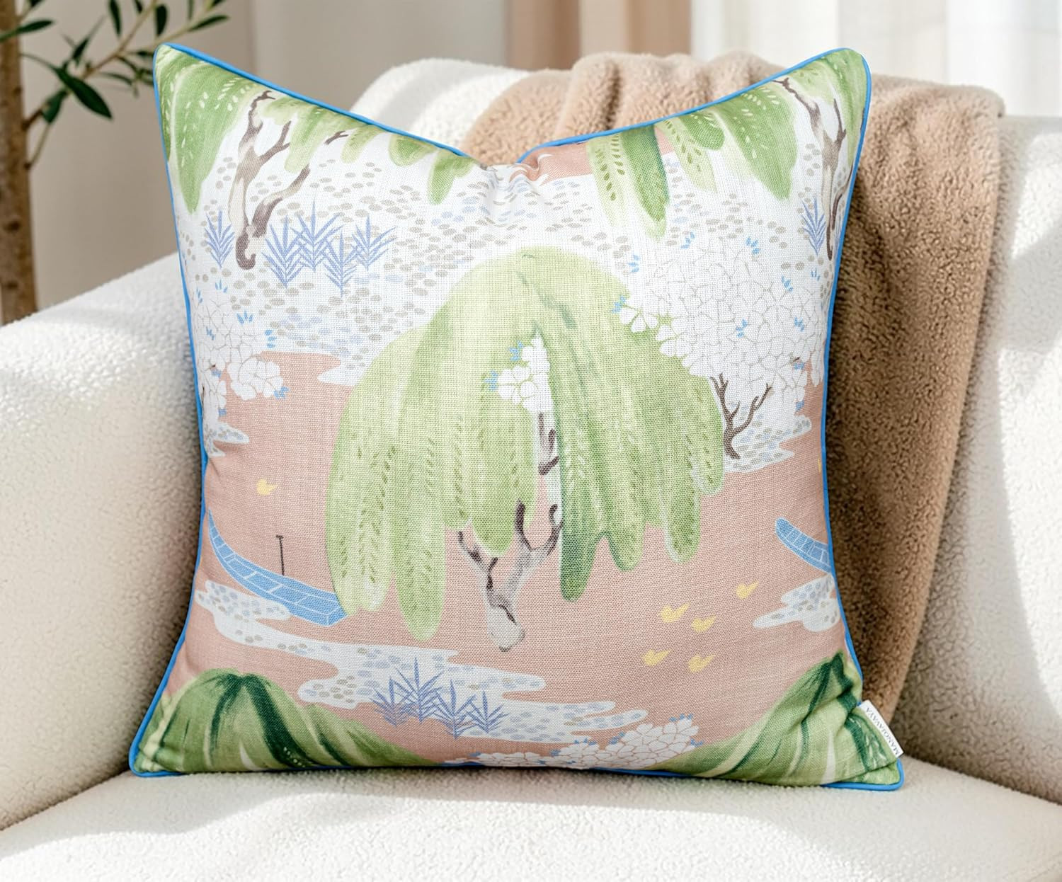 Printed Chinoiserie Willow 20x20 Throw Pillow Cover – Peach Cherry Blossom Scenic Toile – Gra... | Amazon (US)