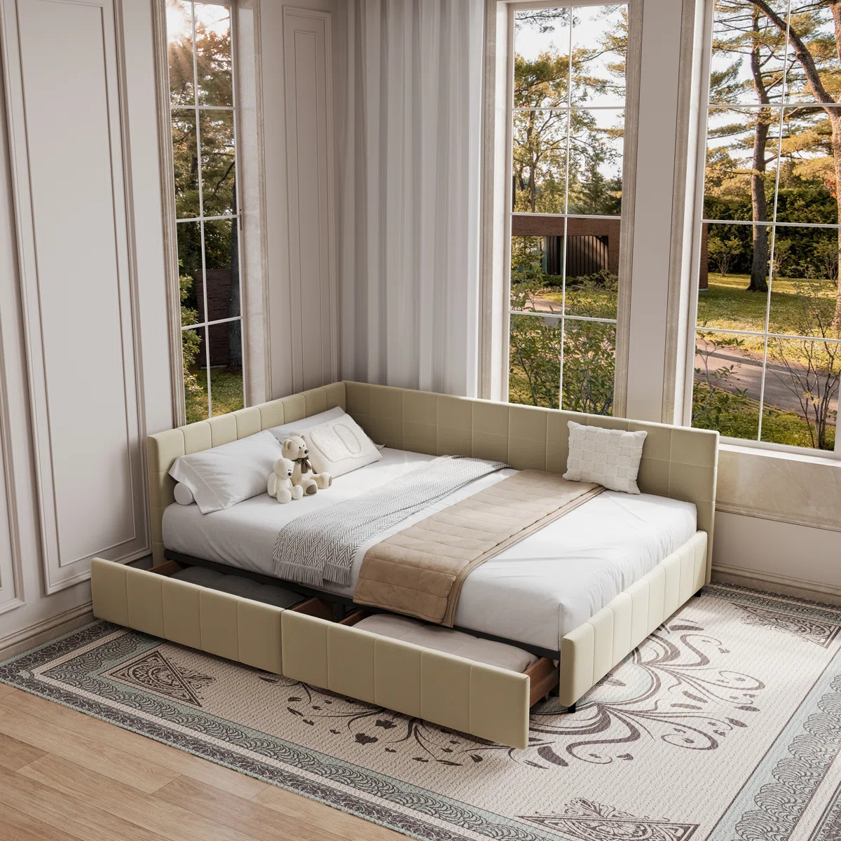 Upholstered Daybed With Backrest, Reversible Armrests, And Storage Drawers | Wayfair North America