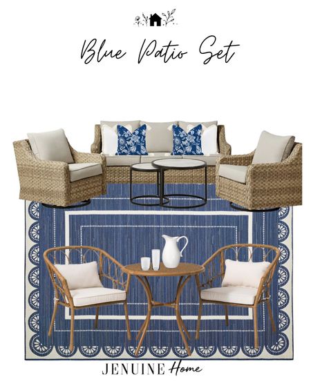 Blue patio set. Patio couch set. Outdoor couch. Outdoor arm chair. Traditional couch. Neutral outdoor. Patio table and chairs. Breakfast table outdoor. White pitcher. Blue and white traditional outdoor rug. Blue and white outdoor throw pillow  