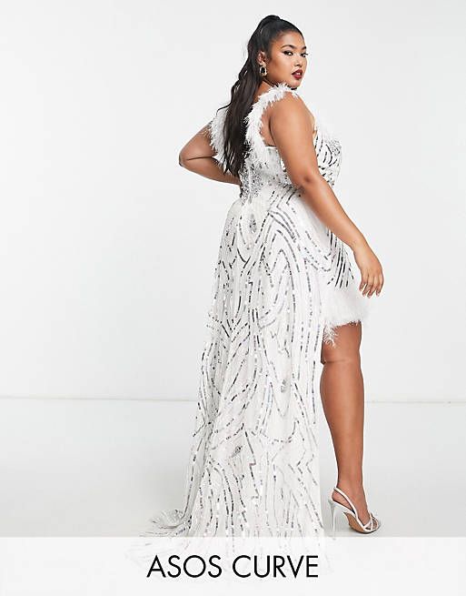 ASOS LUXE Wedding Curve embellished gemstone mini dress with faux feathers with train in white | ASOS (Global)