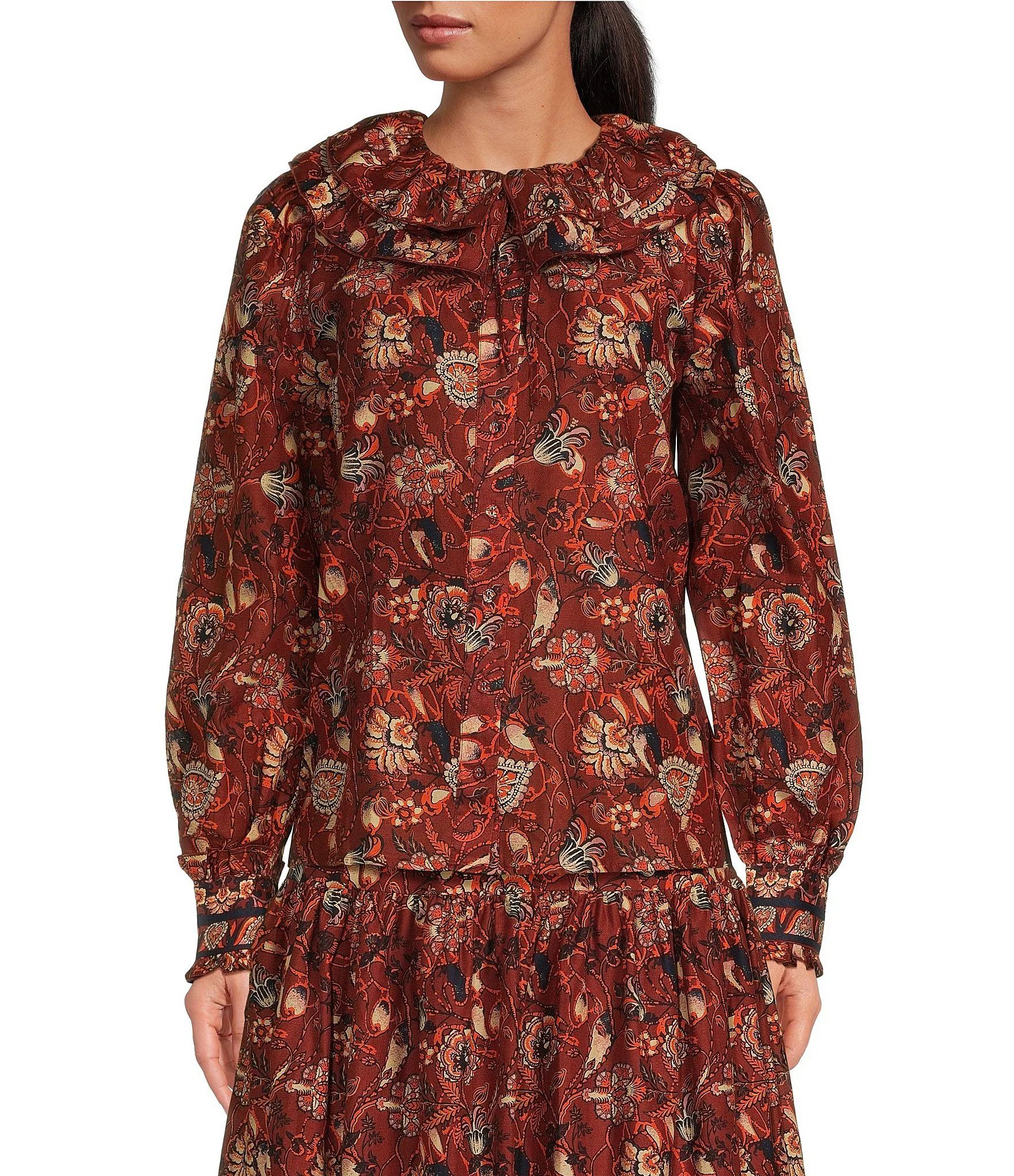 Floral Print Woven Ruffled Platter Collar Long Balloon Sleeve Coordinating Button Front Blouse | Dillard's