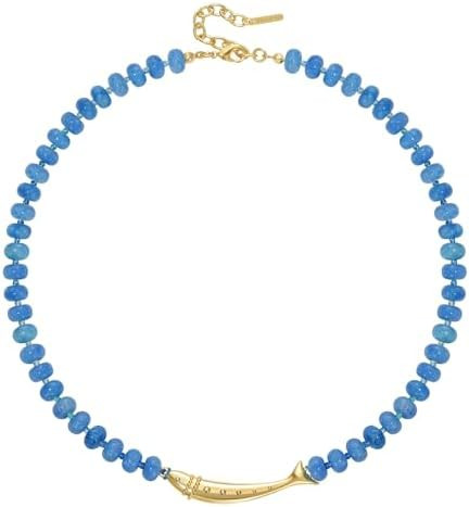 KissYan Beaded Gemstone Necklace for Women, 14K Gold Plated Fish Charm Blue Bead Choker, Natural ... | Amazon (US)