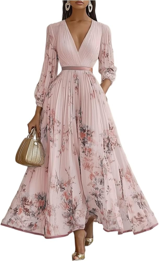 Plus Size Maxi Dresses for Curvy Women 2026 Spring Summer V Neck Floral Print Long Sleeve Dress E... | Amazon (US)