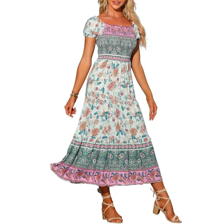 Allegra K Boho Floral Dress for Women's Square Neck Midi Smocked Dresses - Walmart.com | Walmart (US)