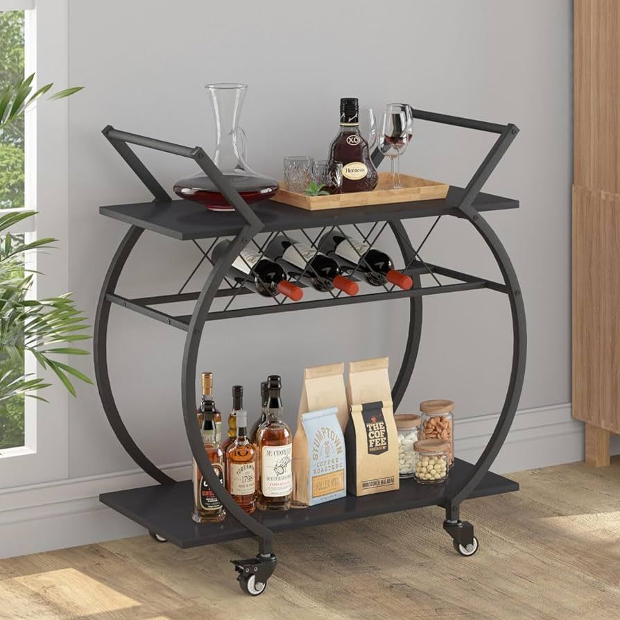 LVB Black Wine Cart with Wheels, Modern Bar Cart with Wine Rack, Industrial Beverage Rolling Kitc... | Amazon (US)