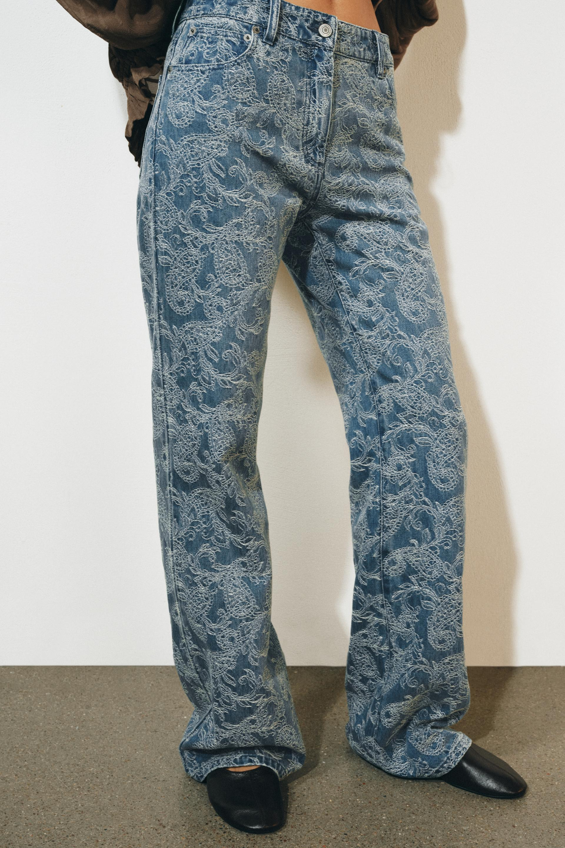 Zara - Zw Collection High-Waist Jacquard Flare Jeans - Blue - 12 - Woman | Zara UK