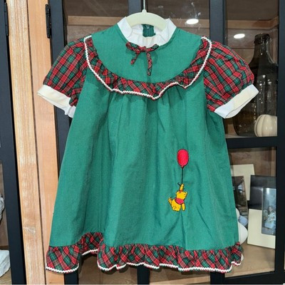 70s Vintage Winnie The Pooh embroidered dress toddler girl ruffle plaid balloon | eBay US