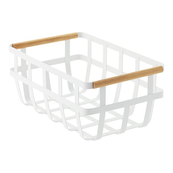 Yamazaki Slim Tosca Basket w/ Wooden Handles White/Natural | The Container Store