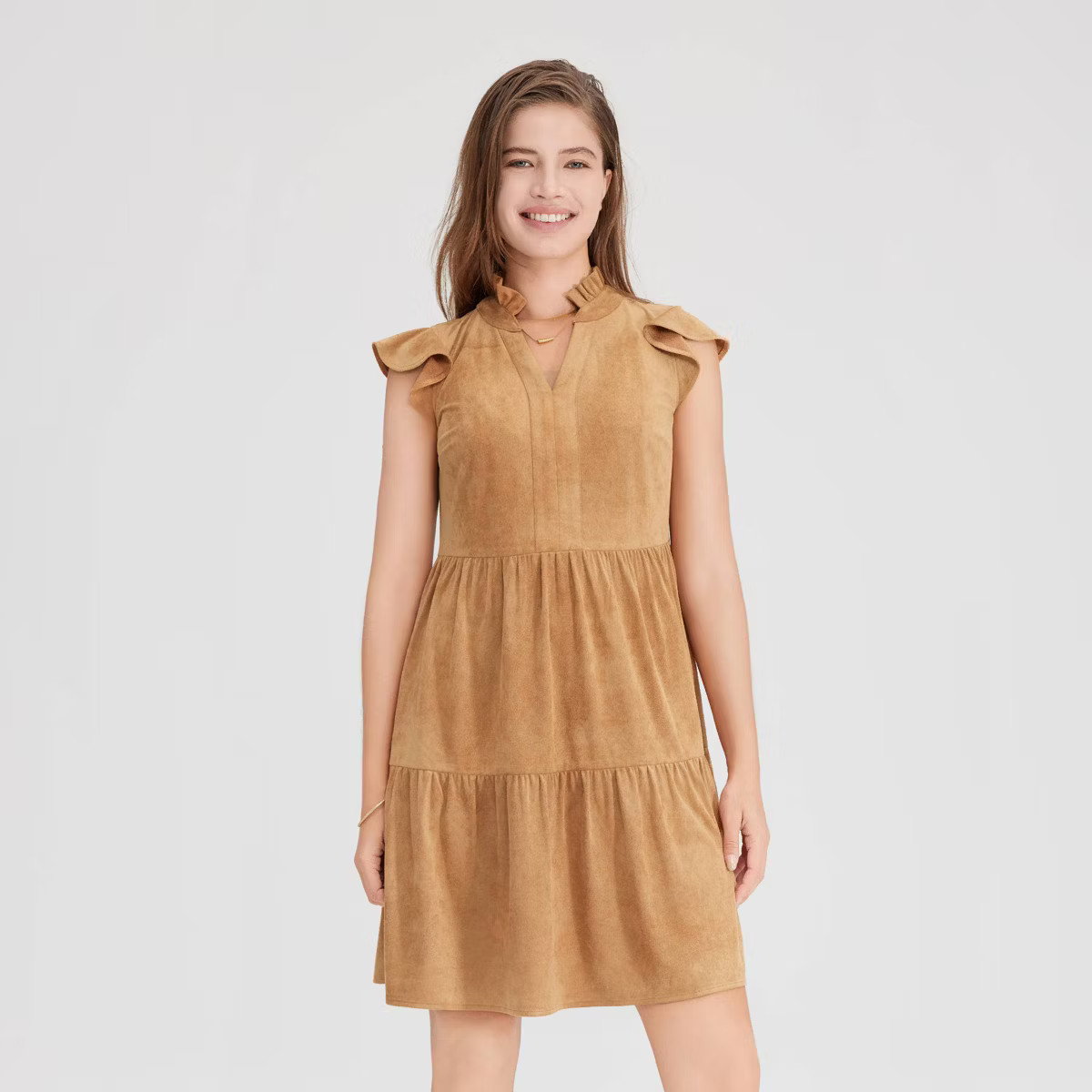 Women's Faux Suede Flutter Short Sleeve Mini Tunic Dress - Universal Thread™ Camel XS | Target
