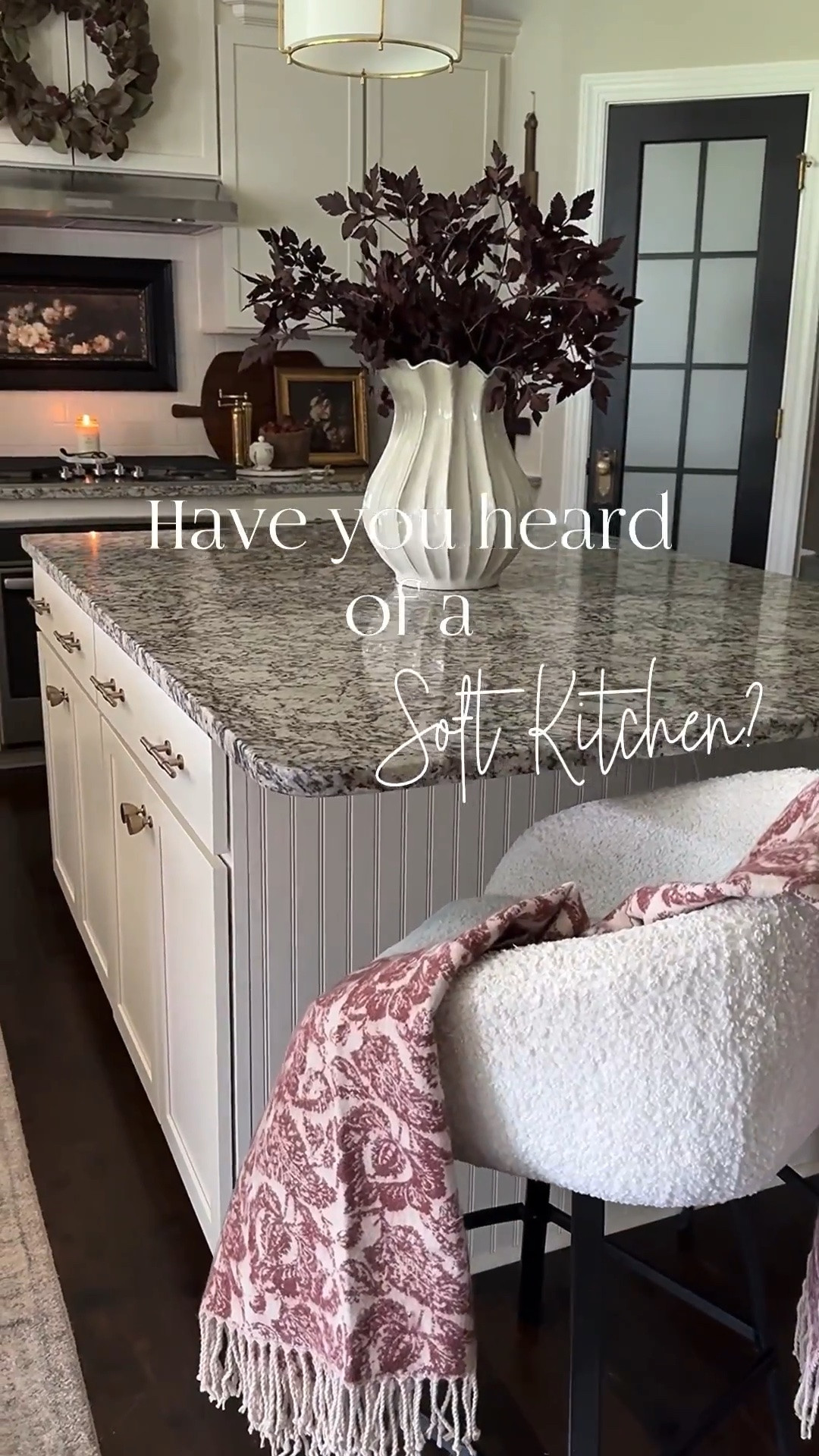 Love my Soft Kitchen!! Less like a workspace and more like a cozy lived-in room🤎

Burgundy wreath, vintage inspired floral print, burgundy floral throw blanket, fluted cream vase, black vase, plum stems, burgundy eucalyptus, brass salt & pepper grinders, round marble board, marble bowl with lid, vintage wood bowl, vintage cutting board, dried pomegranates, island stool, island pendants, green floral crock, gold coffee spoons, syrup bottles, brass and copper espresso pourers, rechargeable lamp, black serving board, glass propagation bowl

#LTKstorytime #LTKSeasonal #LTKHome