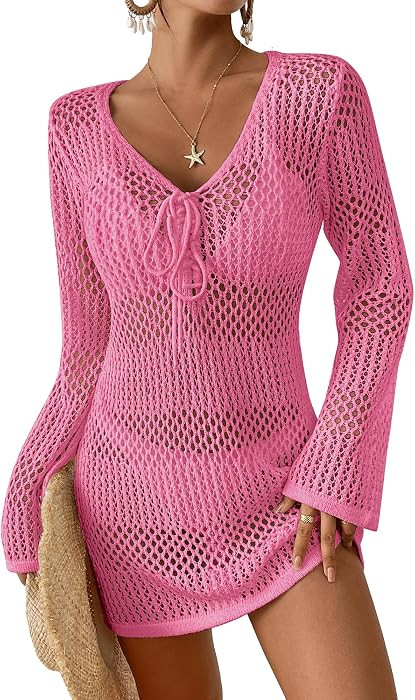Bsubseach Women Swimsuit Crochet Coverup Long Sleeve V Neck Beach Dress | Amazon (US)