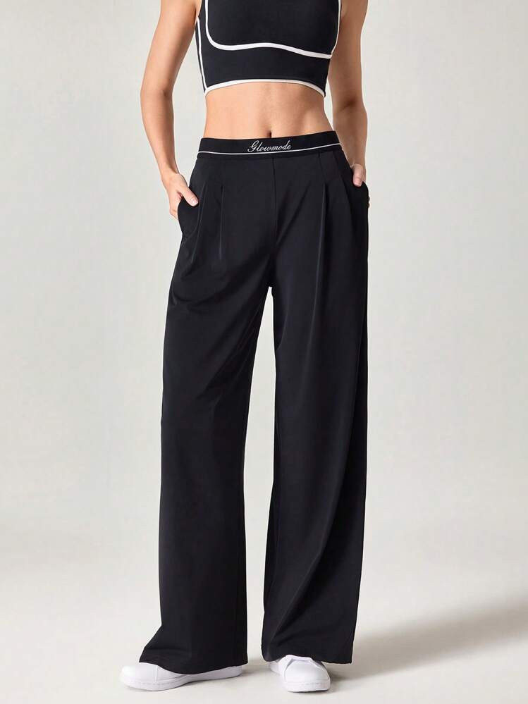 GLOWMODE Quick-Dry Jacquard Elastic Waist Wide Leg Pants With Side Pockets Daily Casual Wear  Spring Summer | SHEIN