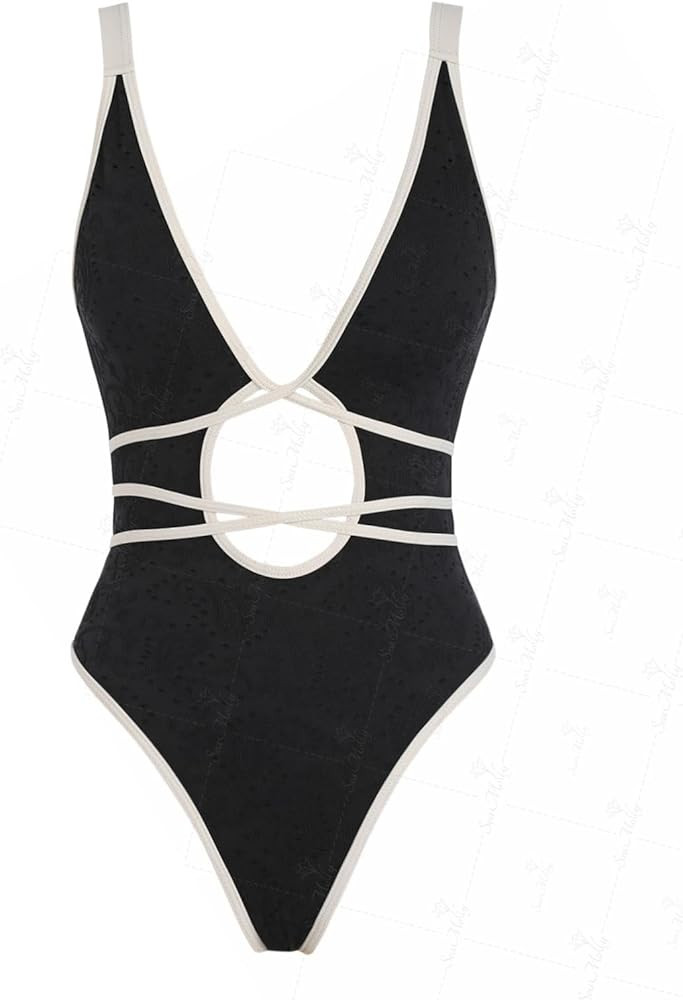 seamoly Blue Gingham Tie Around Criss Cross Backless Plunging Neck One-Piece Swimsuit | Amazon (US)