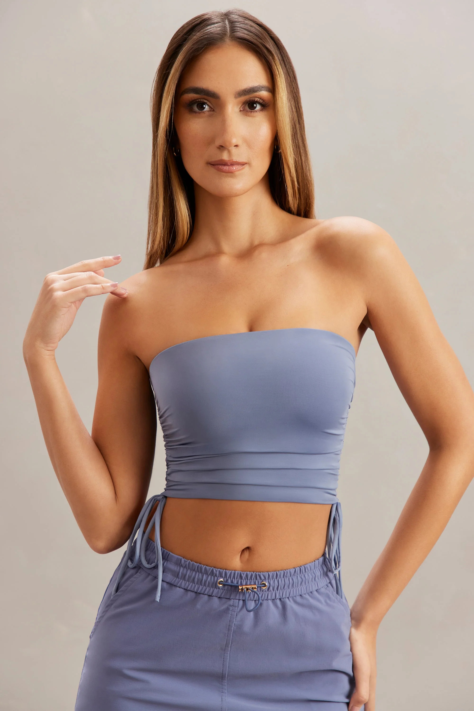 Ruched Bandeau Crop Top in Blue | Oh Polly