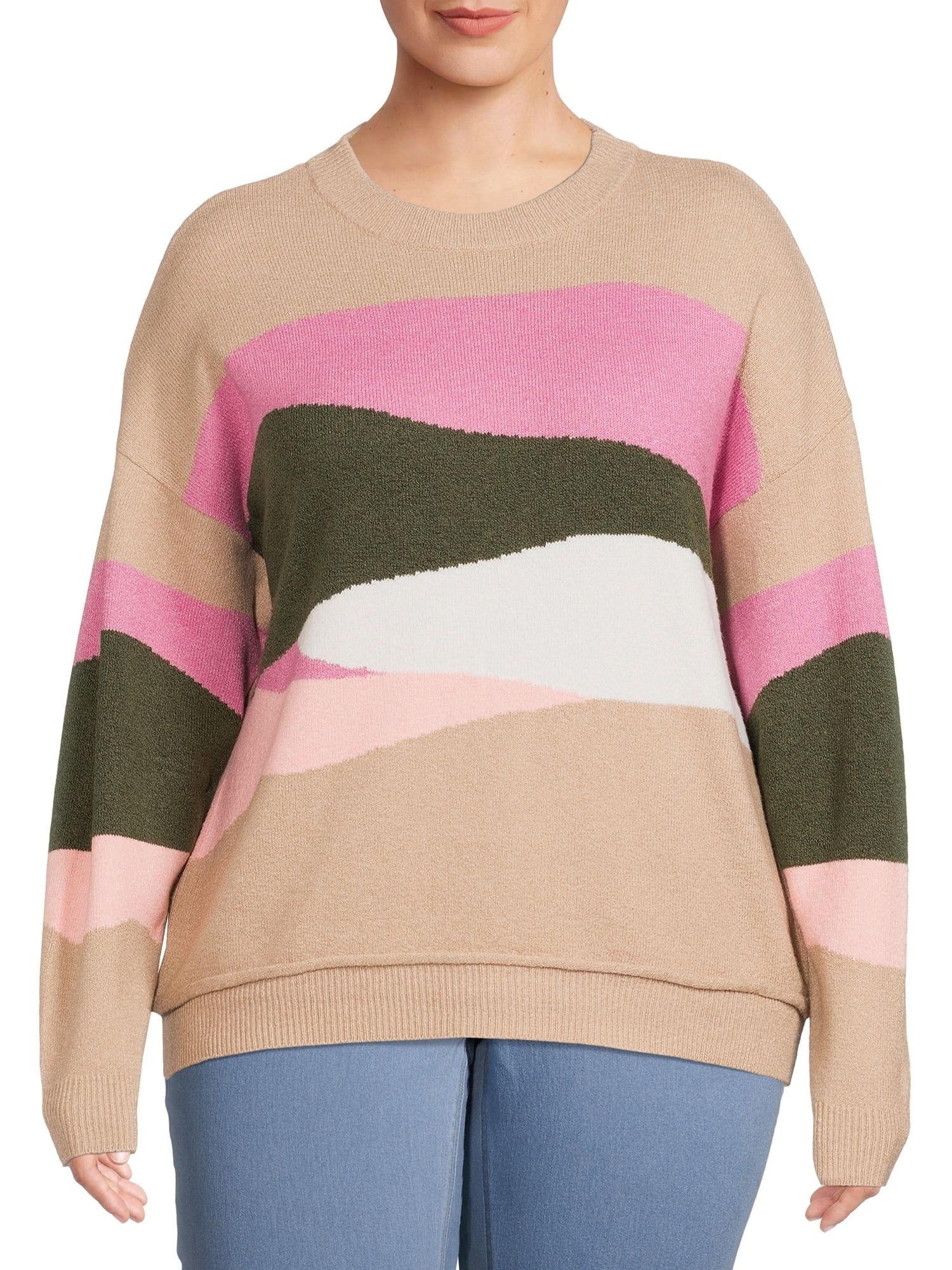 Terra & Sky Long Sleeve Pullover Mock Neck Drop Shoulder Sweater, Oatmeal Marl | Walmart (US)