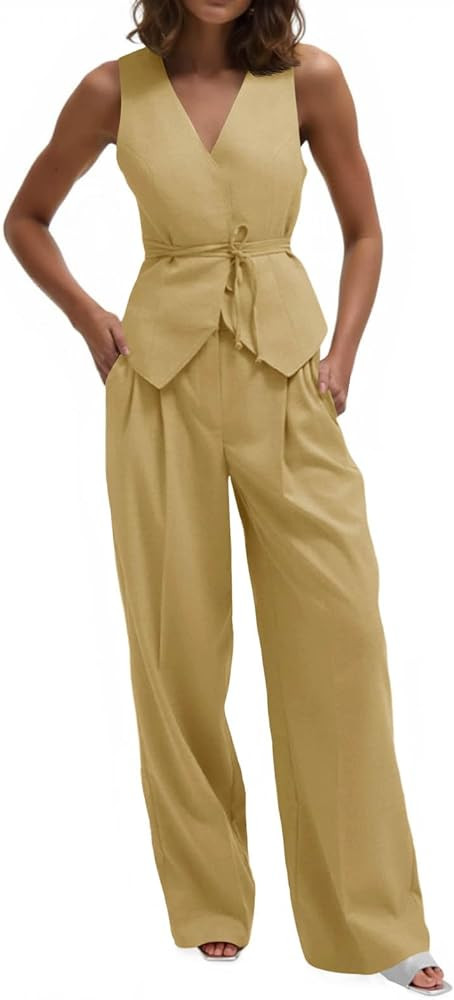 Cicy Bell Womens 2 Piece Outfits V Neck Tie Waist Blazer Vest and Wide Leg Business Casual Suit P... | Amazon (US)