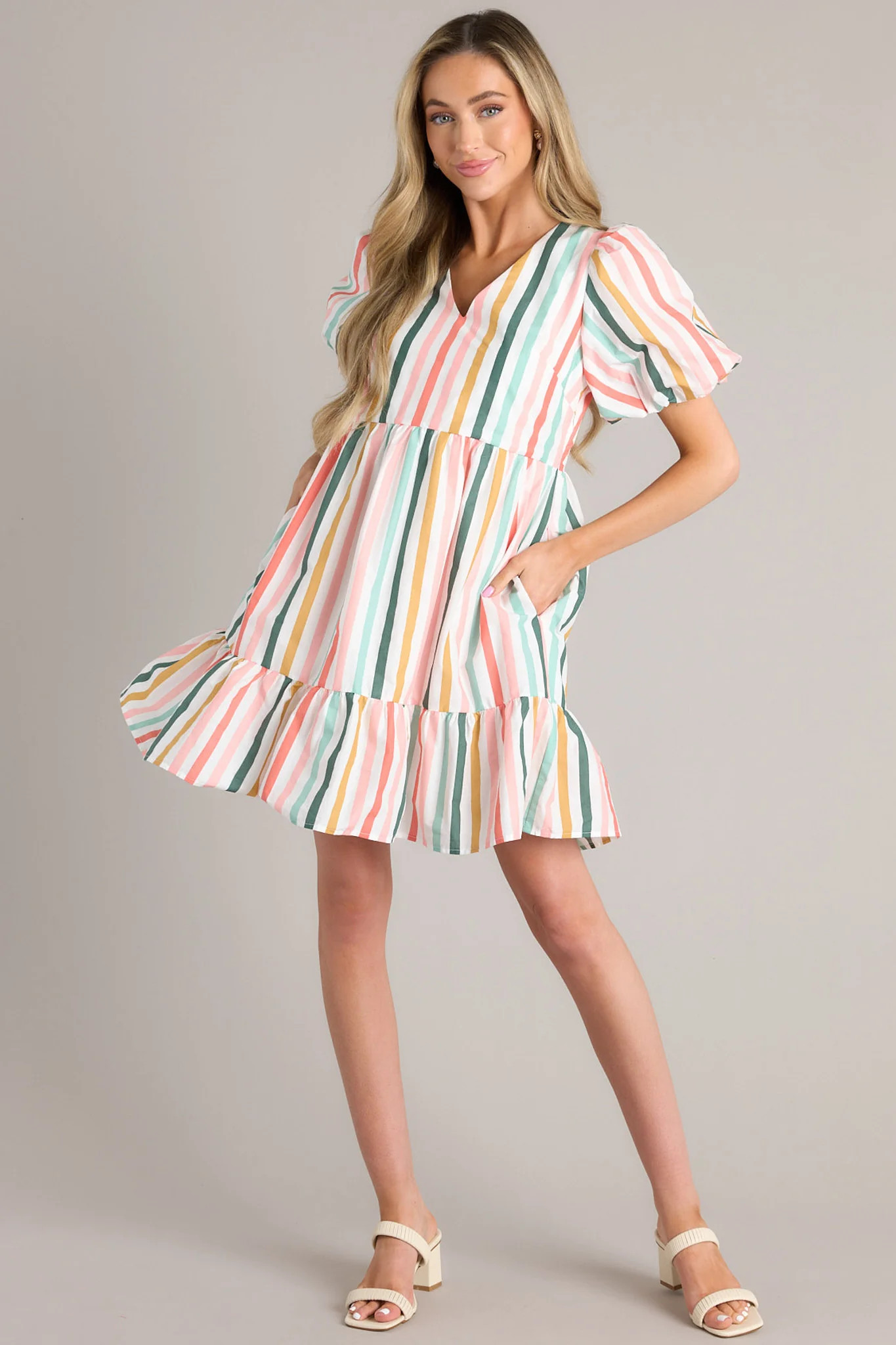 Too Fun For You Desert Sage Multi Stripe Dress | Red Dress