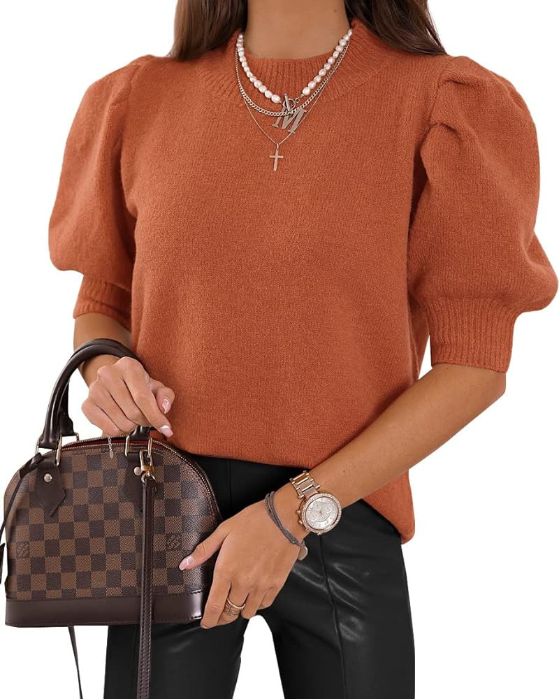 Women's Puff Short Sleeve Sweater Tops 2025 Spring Summer Trendy Crew Neck Casual T Shirts Blouse... | Amazon (US)