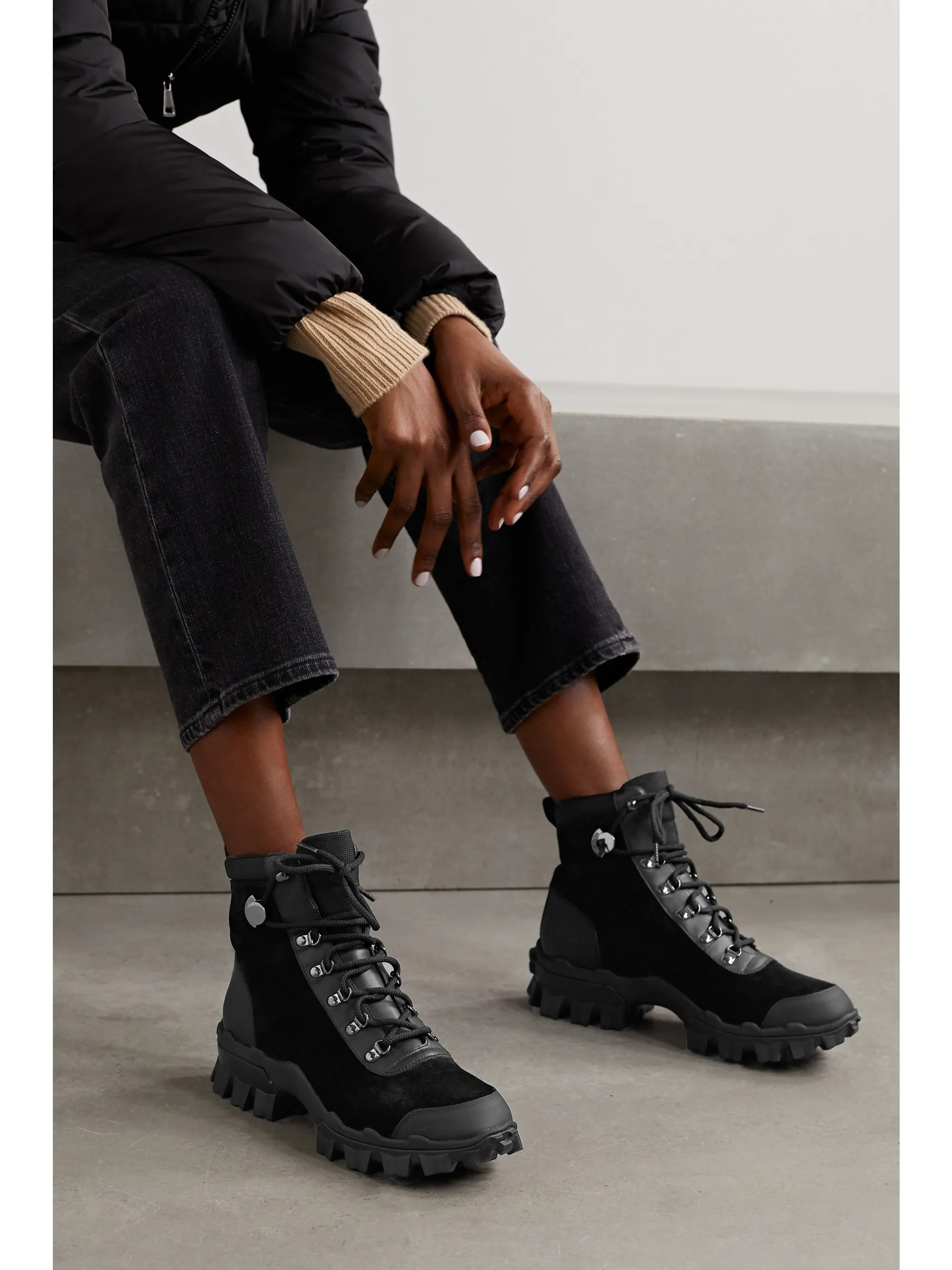 Black Helis logo-print leather-trimmed suede ankle boots | Moncler | NET-A-PORTER | NET-A-PORTER (UK & EU)